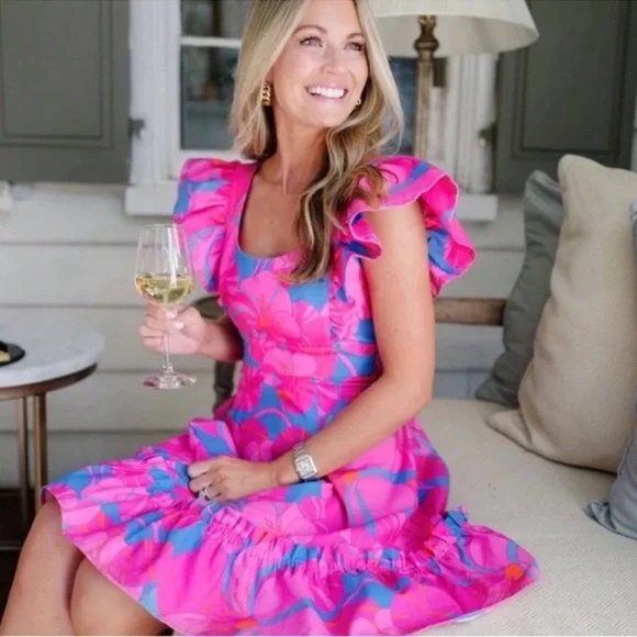 NWT Tuckernuck Wimberly Wild Azalea Edisto Linen Floral Ruffle Dress - Picture 1 of 16